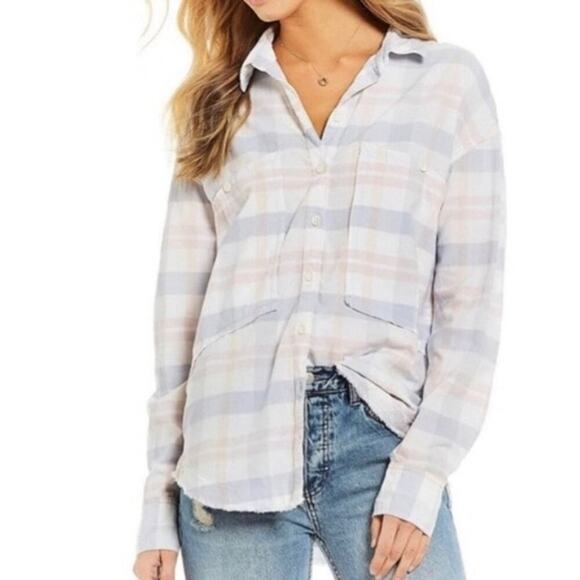 Free People Loveland Plaid Button Down Shirt Top White Pastel Pink Blue, Size XS - Picture 2 of 13
